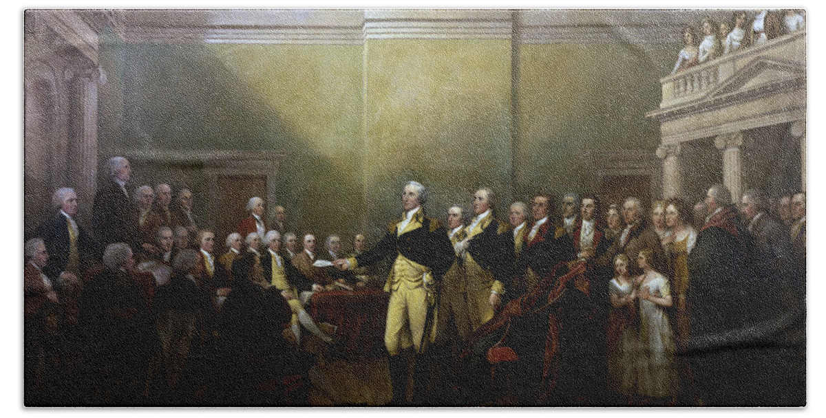 George Washington Hand Towel featuring the painting General Washington Resigning His Commission by War Is Hell Store