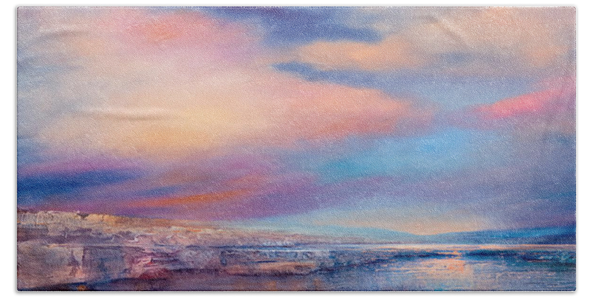 Sun Bath Towel featuring the painting Gentle silence - rose skies and a wide space by Annette Schmucker