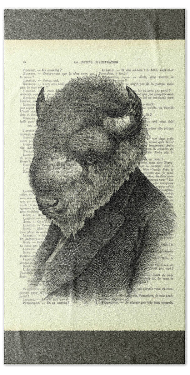 Buffalo Bath Sheet featuring the digital art Gentleman buffalo in black and white by Madame Memento
