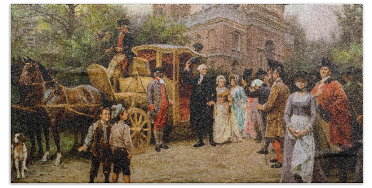 George Washington Hand Towel featuring the painting George Washington arriving at Christ Church by War Is Hell Store