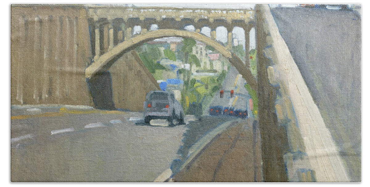 Georgia Street Bridge Hand Towel featuring the painting Georgia Street Bridge - San Diego, California by Paul Strahm
