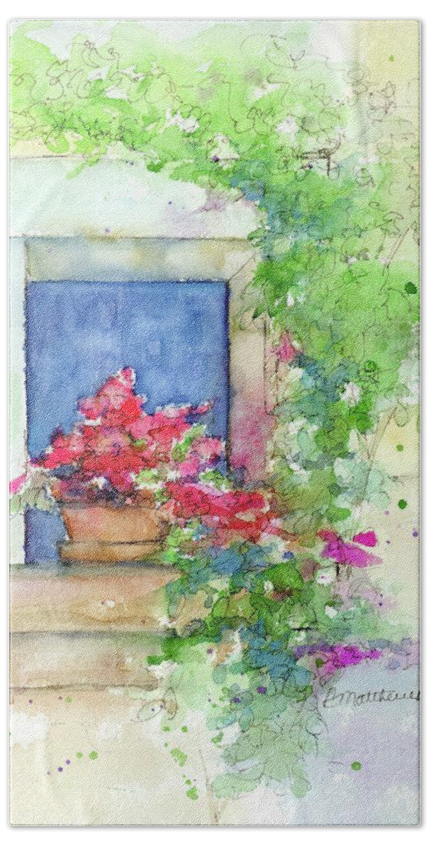 Floral Painting Bath Towel featuring the painting Geranium in window by Rebecca Matthews