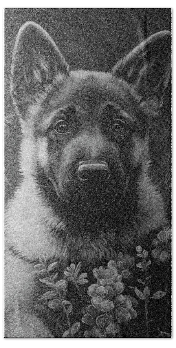 Puppy Hand Towel featuring the digital art German Shepherd Puppy In Black And White by Angie Tirado