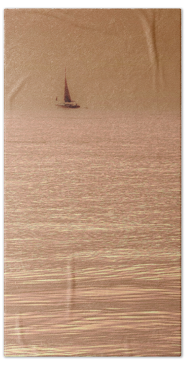 Sailboat Bath Towel featuring the photograph Ghost Boat Over Shimmering Sea by Lorraine Devon Wilke