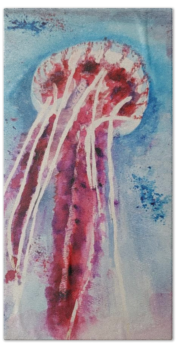 Abstract Aquatic Bath Towel featuring the painting Giant Jellyfish Floating Along by Stacie Siemsen