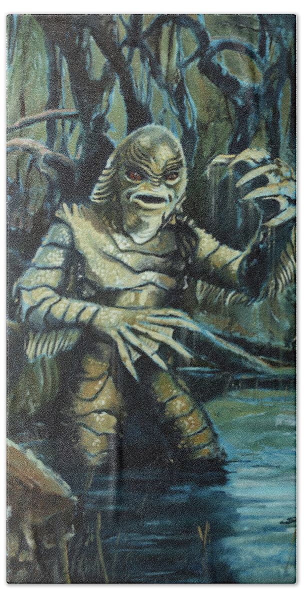 Gothic Hand Towel featuring the painting Gill-Man - Creature from the Black Lagoon by Sv Bell