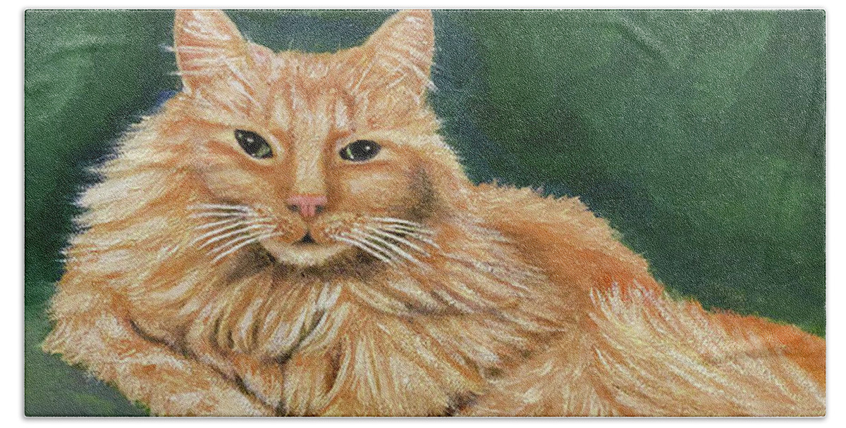 Orange Cat Bath Towel featuring the painting Ginger Cat Portrait by Karen Zuk Rosenblatt