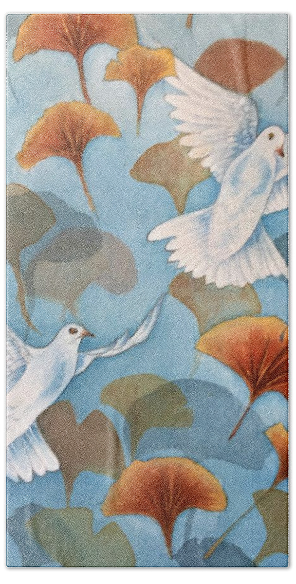 Ginkgo Bath Towel featuring the painting Ginkgo and Doves by Vina Yang