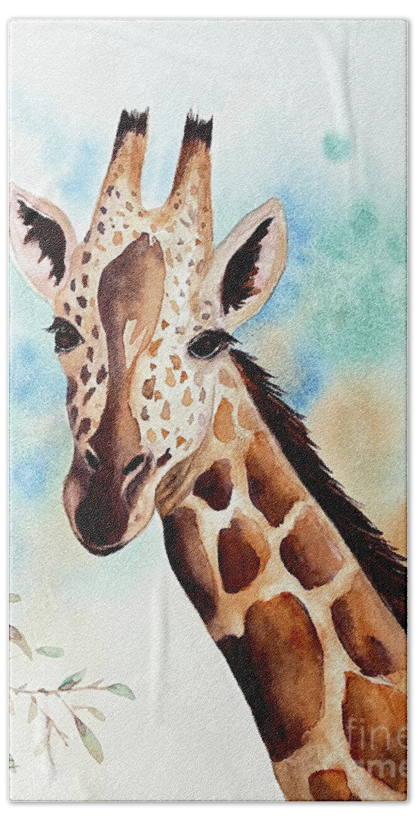 Giraffe Hand Towel featuring the painting Giraffe by Hilda Vandergriff