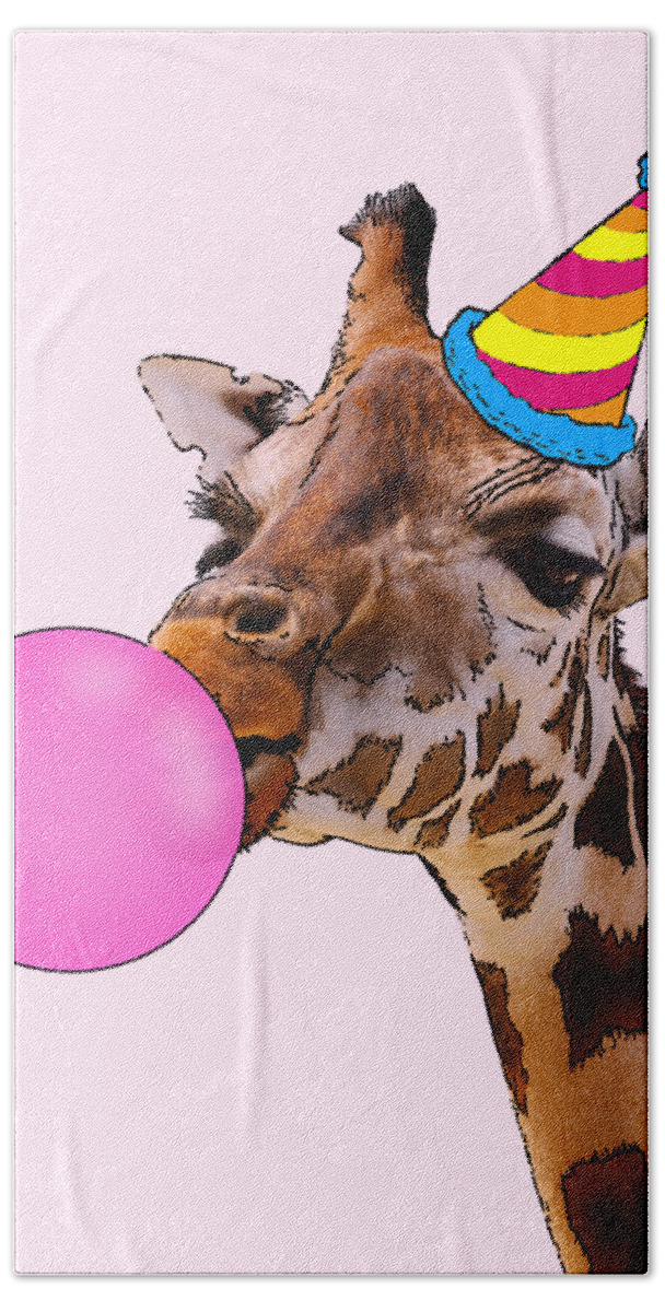 Giraffe Hand Towel featuring the mixed media Giraffe party animal by Madame Memento
