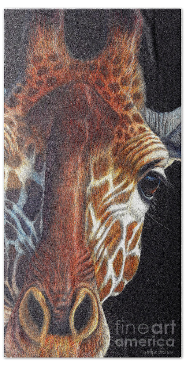 Cynthie Fisher Hand Towel featuring the drawing Giraffe Scratch Board by Cynthie Fisher