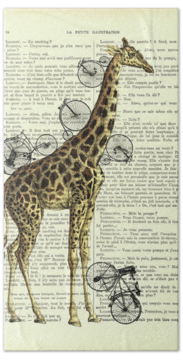 Giraffe Hand Towel featuring the digital art Giraffe with antique bicycles, fantasy wildlife animal decor by Madame Memento