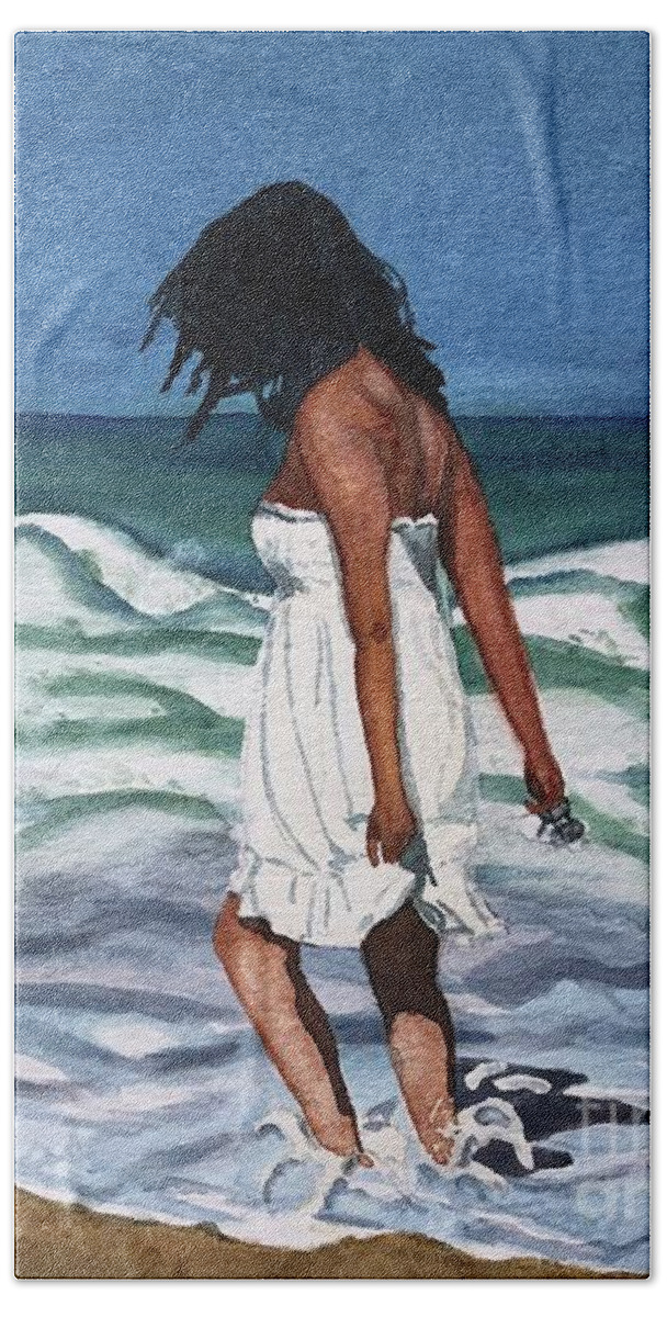 Beach Scene Bath Towel featuring the painting Girl on the Beach by Vicki B Littell