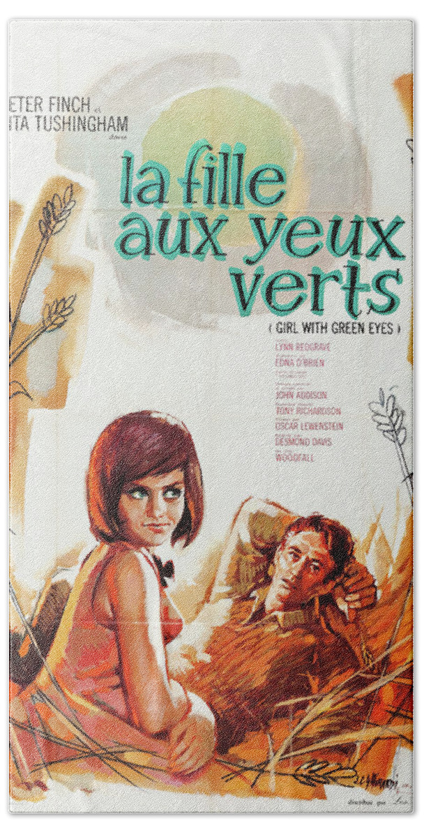 Synopsis Hand Towel featuring the mixed media ''Girl with the Green Eyes'', 1964 - art by Jean-Claude Ghirardi by Movie World Posters