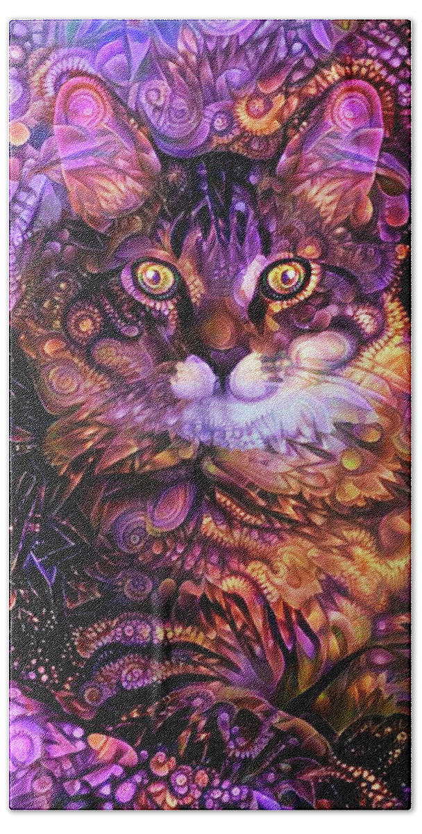 Maine Coon Cat Bath Towel featuring the digital art Gizmo the Psychedelic Maine Coon Cat by Peggy Collins