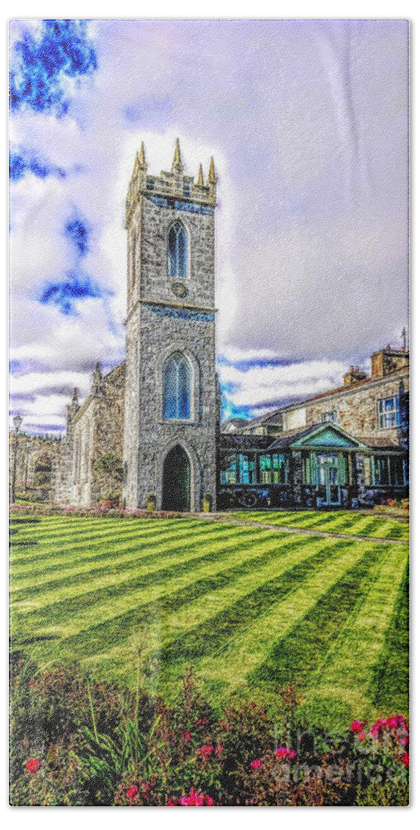 Glenlo Abbey Galway Ireland Bath Towel featuring the painting paintings of Glenlo Abbey Church Galway Ireland by Mary Cahalan Lee - aka PIXI