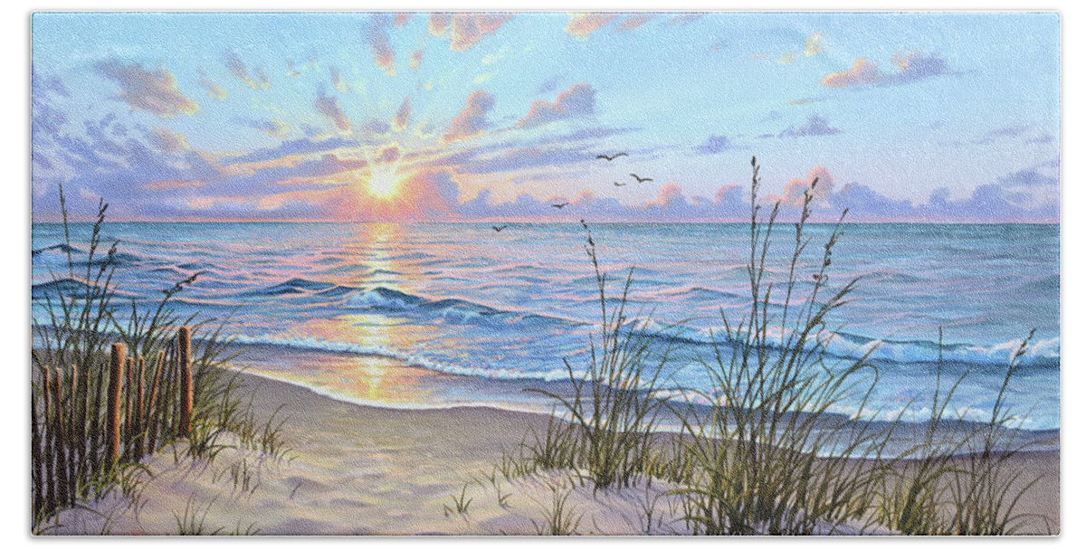 Beach Hand Towel featuring the painting Glimmering Sea by Joe Mandrick