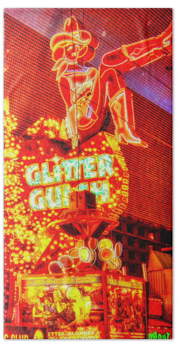 Glitter Gulch Bath Towel featuring the photograph Glitter Gulch Cowgirl Las Vegas by Tatiana Travelways