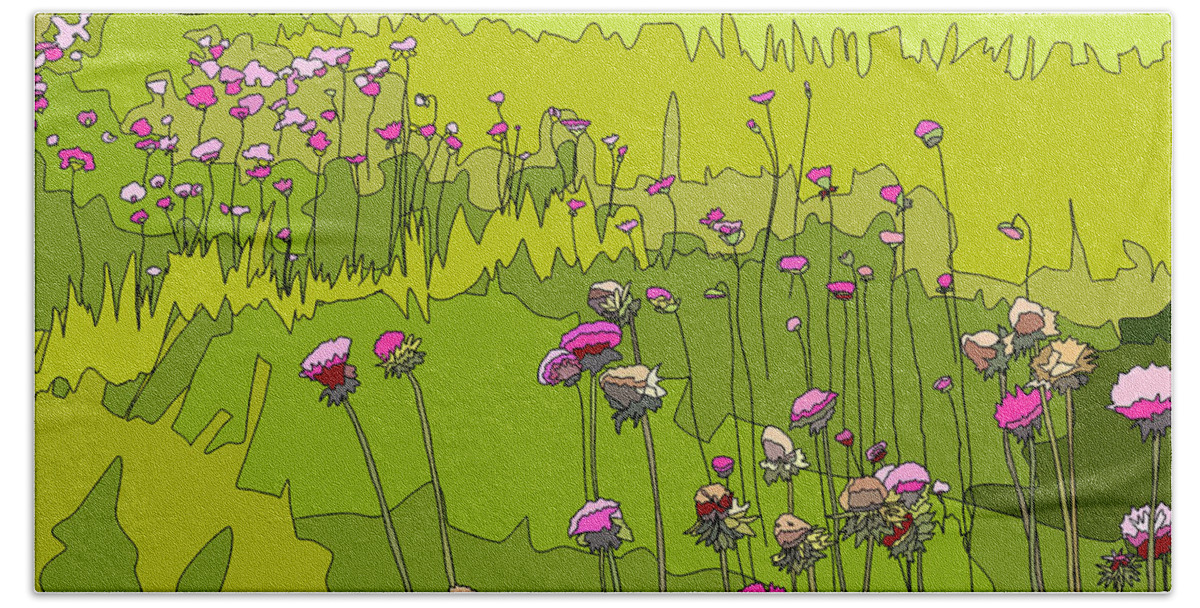 Nature Lover Hand Towel featuring the digital art Globe Amaranth Colorado Flower field - Illustration by Patricia Awapara