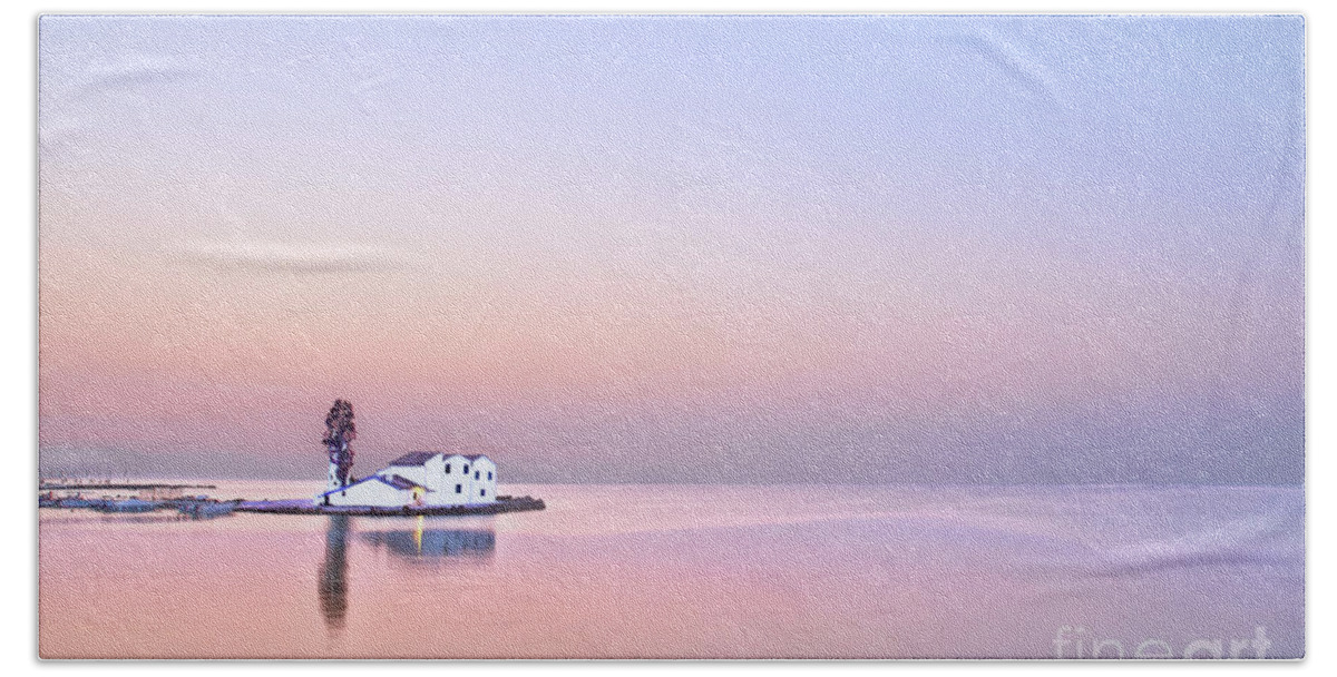 Sunrise Tree White Haven House Single Lonely Loneliness Alone Solo Solitary Relaxation Blue Sky Pink Sea Creative Unwinding Calm Serene Tranquillity Untroubled Minimalist Stylish Minimalism Glorious Impression Impressionistic Landscape Scenic Mindfulness Singular Charming Atmospheric Aesthetic Dawn Sentimental Delicate Gentle Evocative Panoramic Unspoiled Peaceful Tranquility Morning Simplicity Pastel Watercolor Conceptual Expressive Serenity Inspirational Magic Poetic Delightful Simple Seascape Bath Towel featuring the photograph Singled out at sea, Glorious dawn at sea Greece, Corfu calm and tranquility before sunrise by Tatiana Bogracheva