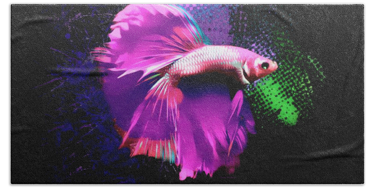 Fish Bath Towel featuring the digital art Glowing Magenta Betta Fish Abstract Portrait by Scott Wallace Digital Designs