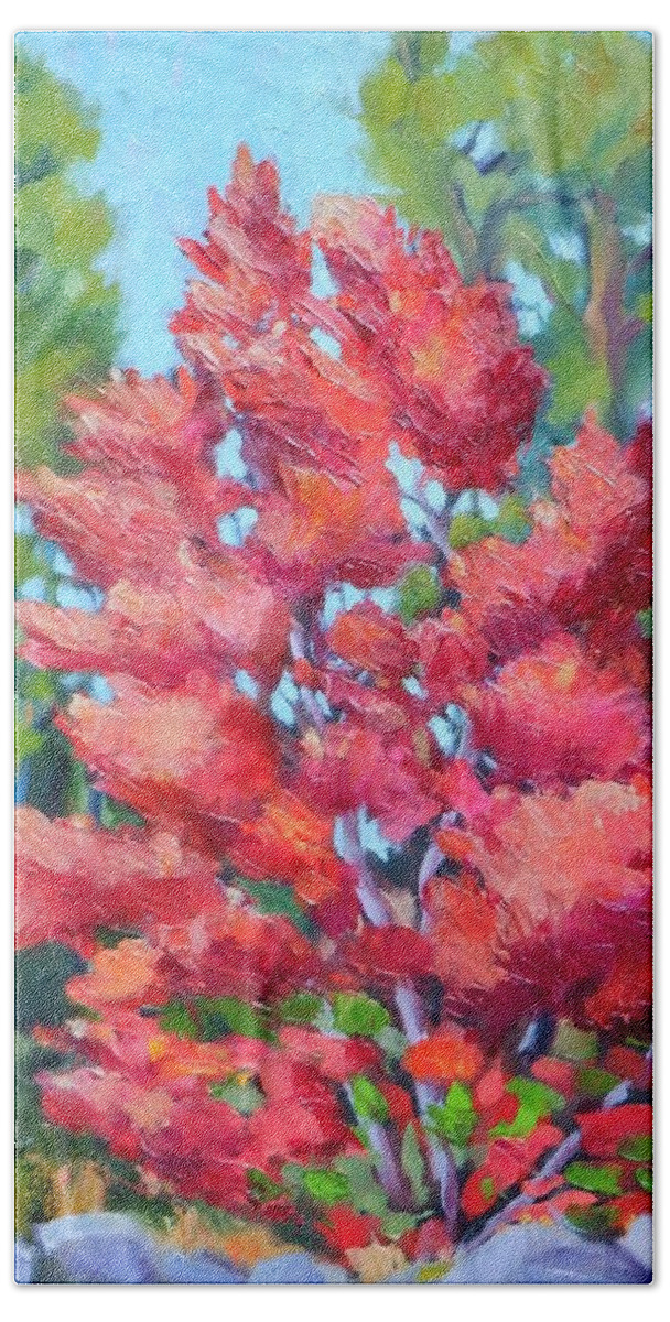 Plein Air Hand Towel featuring the painting Red Hot Maple by Marian Berg