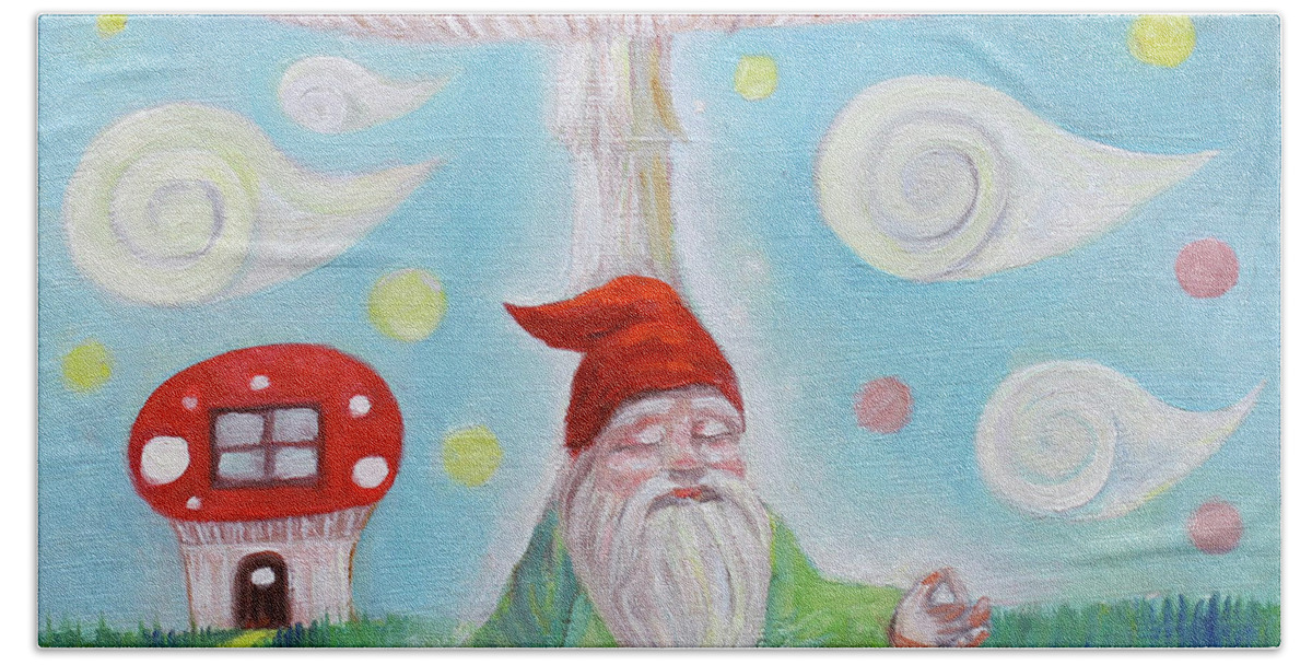 Gnome Bath Towel featuring the painting Gnome And Mushroom by Manami Lingerfelt