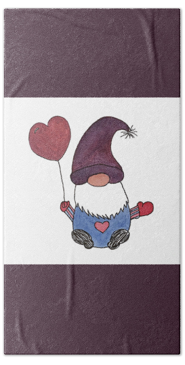 Valentine's Day Bath Towel featuring the mixed media Gnome with Purple Hat by Lisa Neuman
