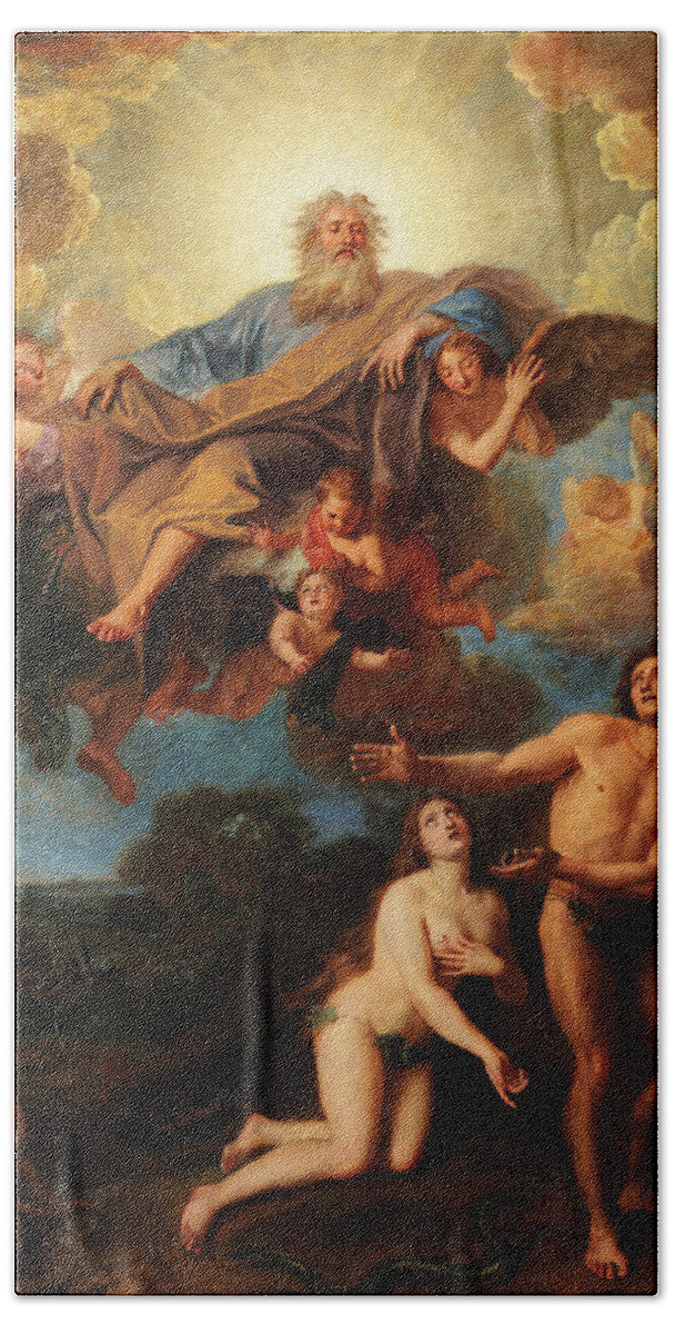 Antoine Coypel Bath Towel featuring the painting God Reproving Adam and Eve by Antoine Coypel