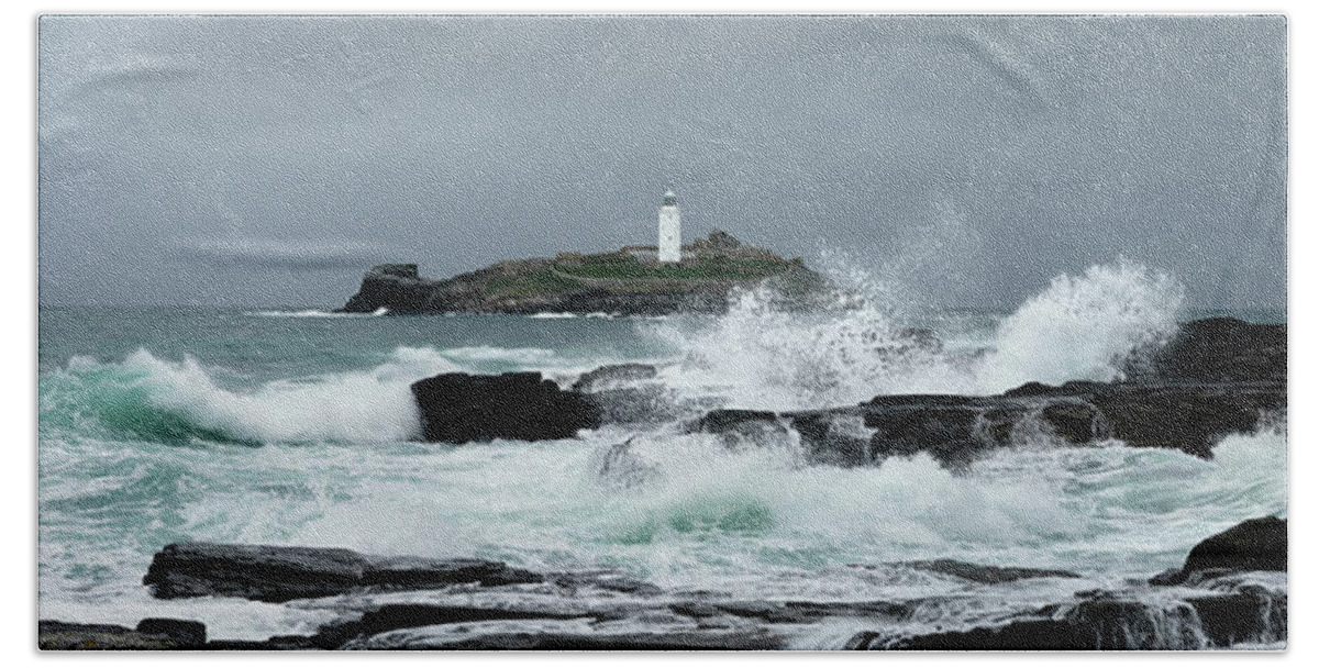 Devon Bath Towel featuring the photograph Godrevy Lighthouse Storm Waves Cornwal South west coast path by Sonny Ryse