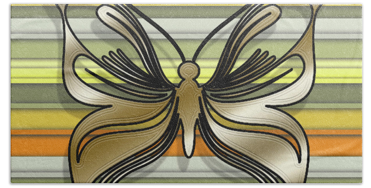 Staley Bath Towel featuring the digital art Gold Butterfly on Yellow Stripes by Chuck Staley