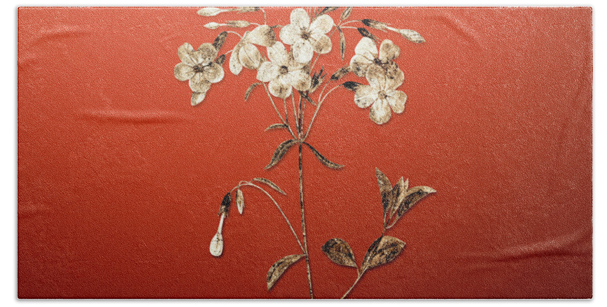 Gold Hand Towel featuring the painting Gold Phlox on Tomato Red n.01842 by Holy Rock Design