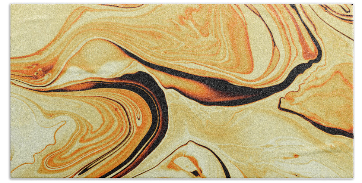 Abstract Bath Towel featuring the painting Golden Abstract Of Art Wavy Background by Severija Kirilovaite