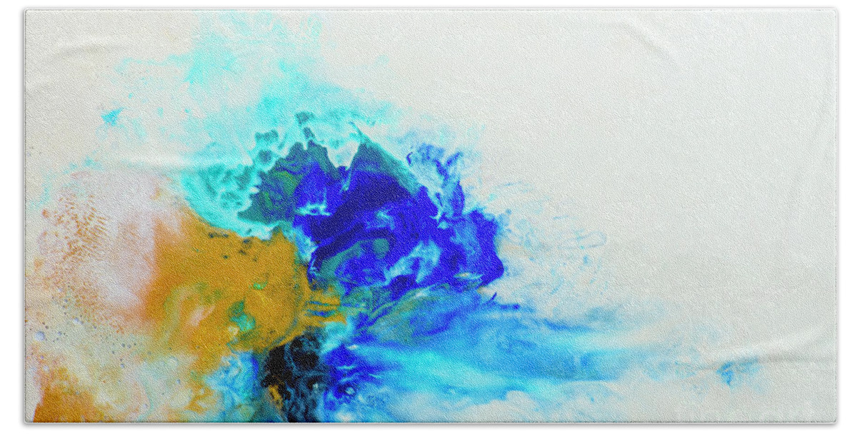 Paint Bath Towel featuring the painting Golden and aquamarine color on white. by Jelena Jovanovic
