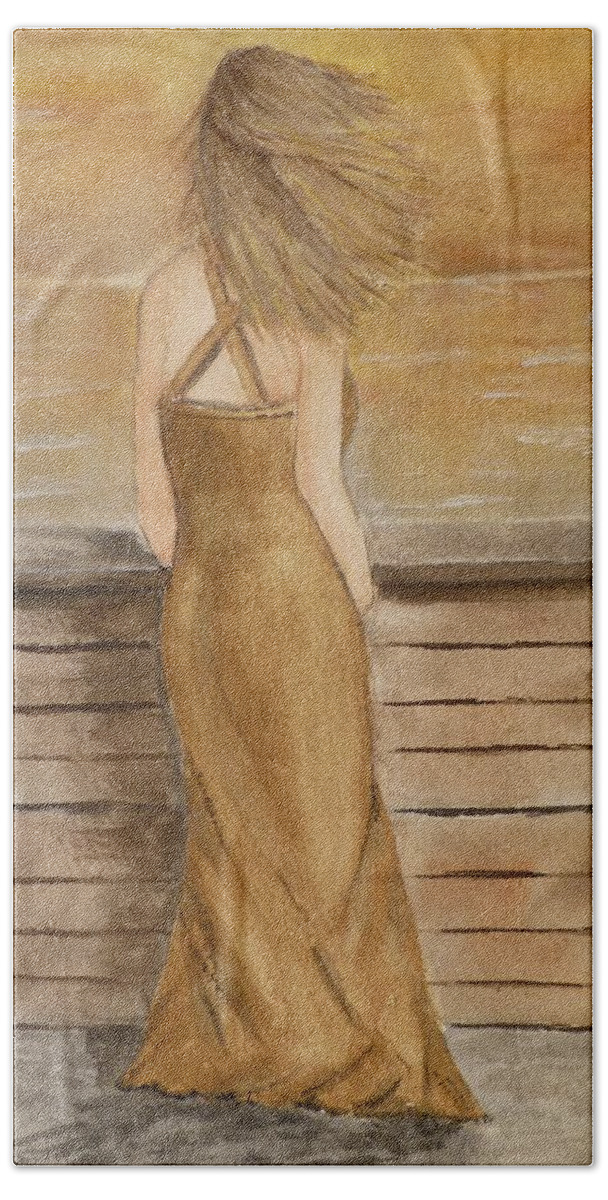 Golden Dress Bath Towel featuring the painting Golden Breeze by Kelly Mills