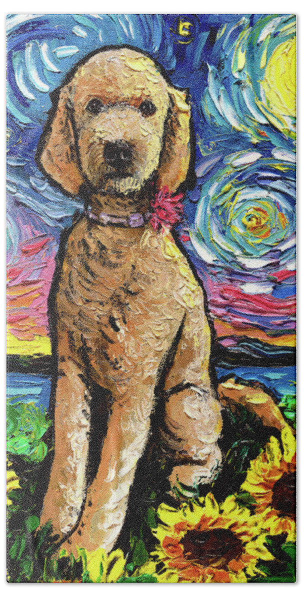 Golden Doodle Bath Towel featuring the painting Golden Doodle Night 2 by Aja Trier