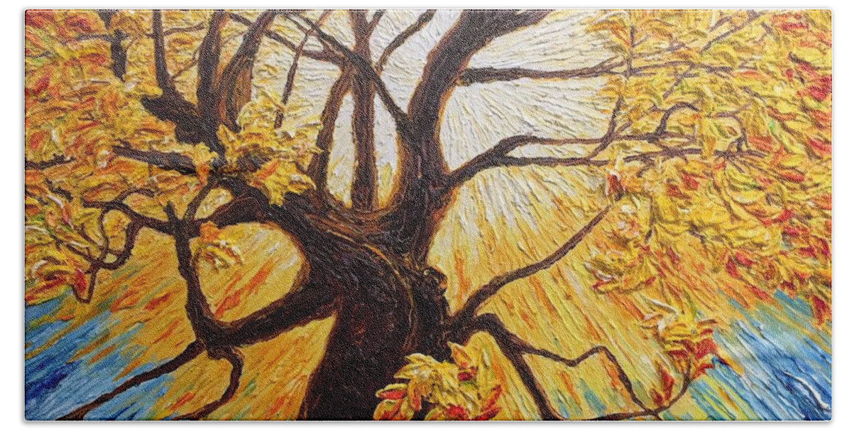 Golden Bath Towel featuring the painting Golden Fall Tree by Paris Wyatt Llanso
