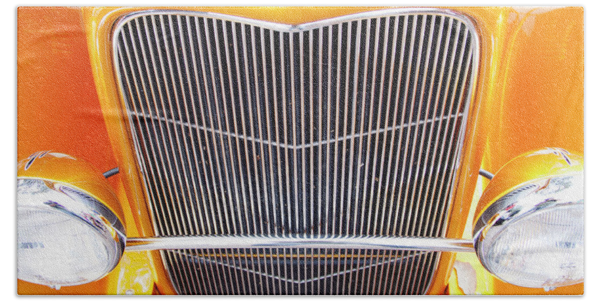 Retro Hand Towel featuring the photograph Golden Hotrod Grille and Lights by W Chris Fooshee