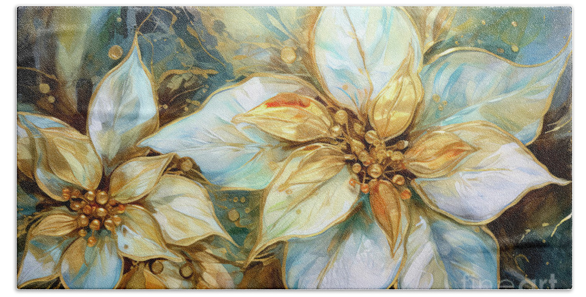 Christmas Bath Towel featuring the painting Golden Poinsettia Flowers by Tina LeCour