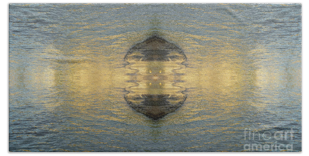 Sea Water Bath Towel featuring the photograph Golden sea water at sunrise, mirrored water surface by Adriana Mueller