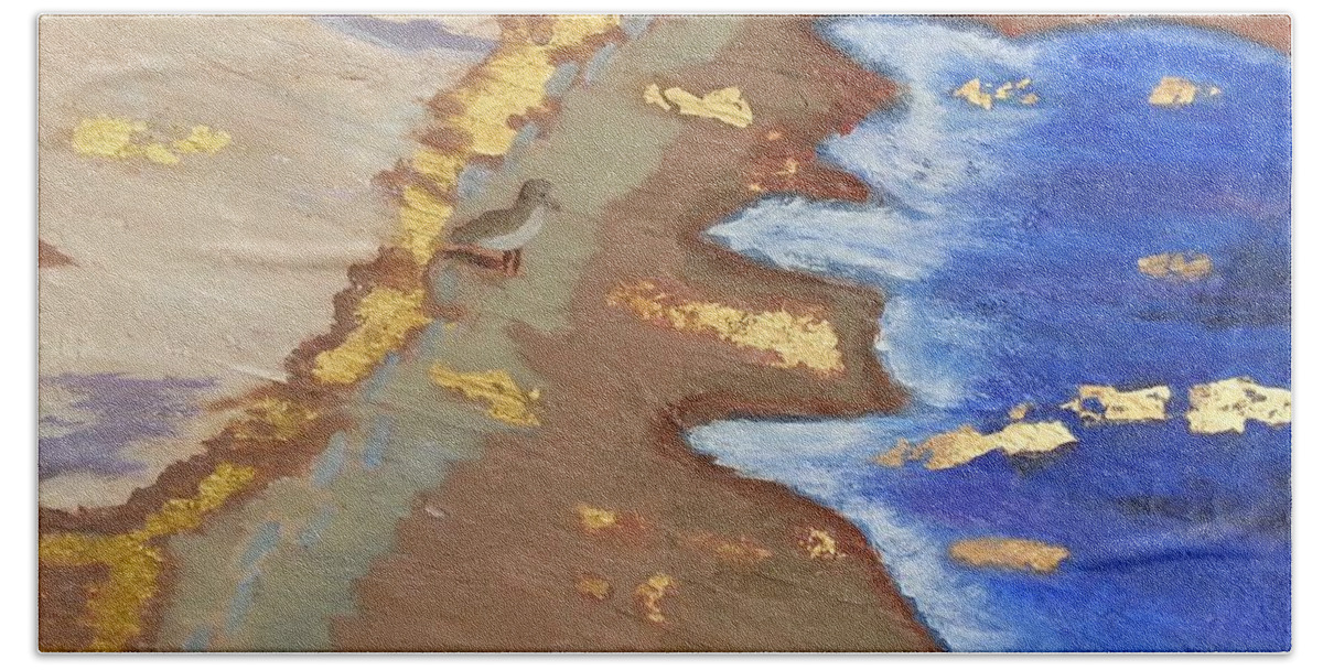 Golden Seashore Bath Towel featuring the painting Golden Seashore by Margaret Harmon