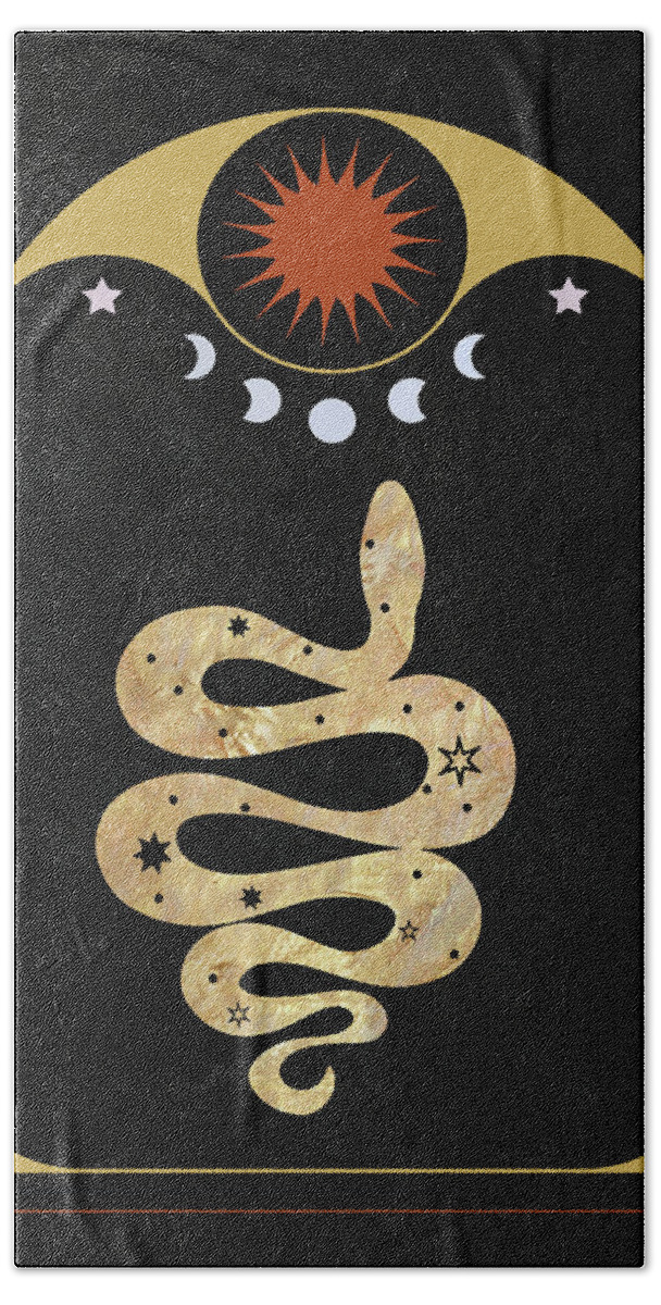 Golden Serpent Bath Towel featuring the painting Golden Serpent Magical Animal Art by Garden Of Delights