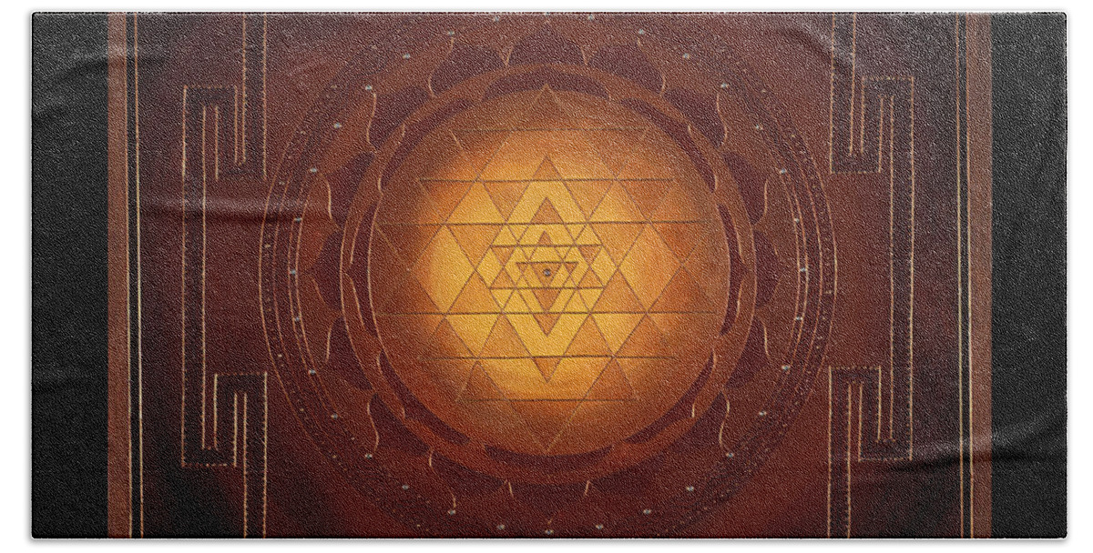 Mandala Hand Towel featuring the painting Golden Sri Yantra by Charlotte Backman