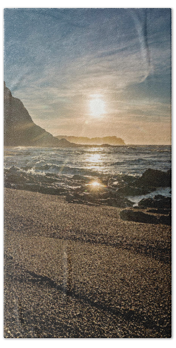 Central America Hand Towel featuring the photograph Golden sunlight reflection on sand beach by Henri Leduc