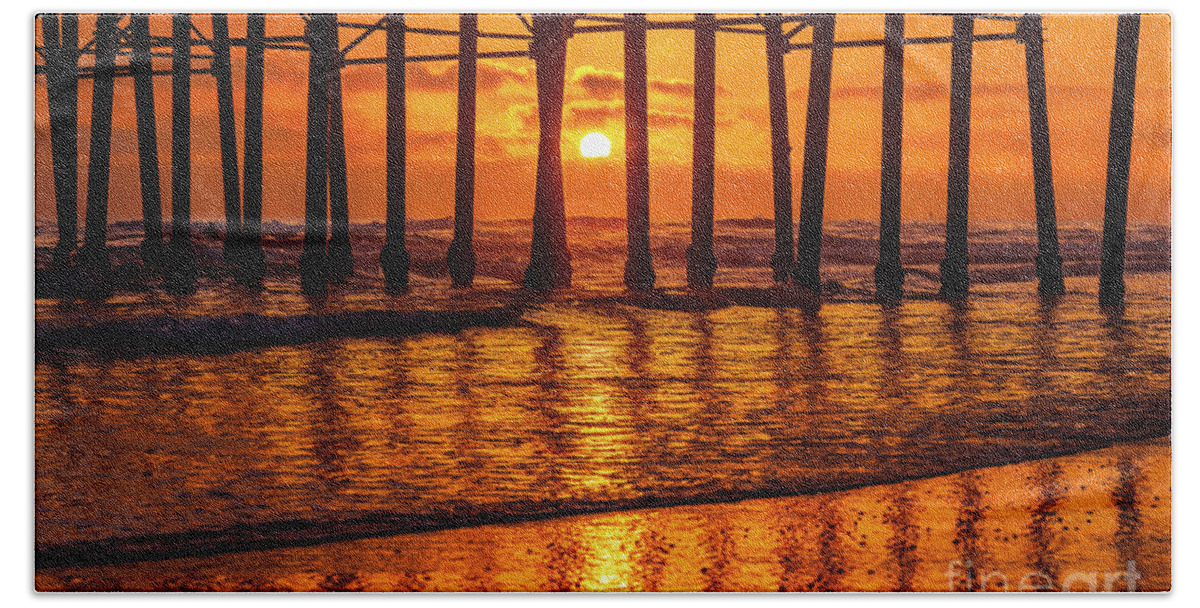 Sunset Bath Towel featuring the photograph Golden Sunset at Oceanside Pier by Rich Cruse