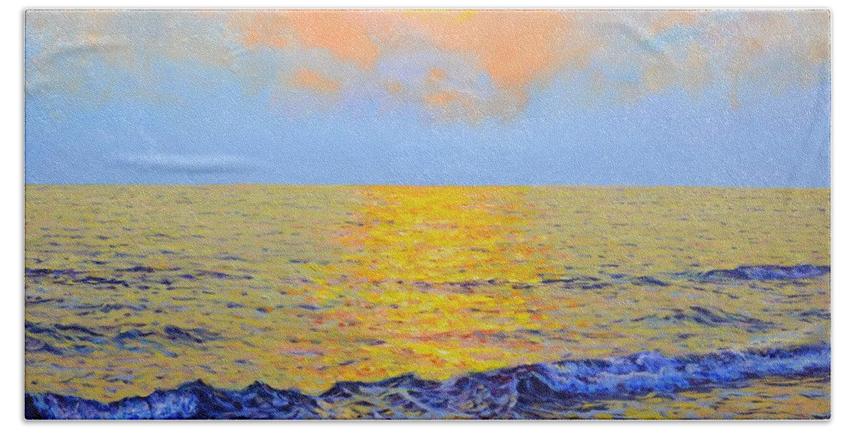 Buy A Painting Bath Towel featuring the painting 	Golden sunset by Iryna Kastsova