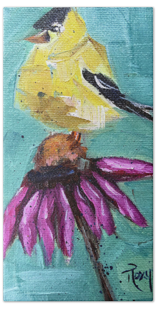Goldfinch Bath Towel featuring the painting Goldfinch on a Coneflower by Roxy Rich