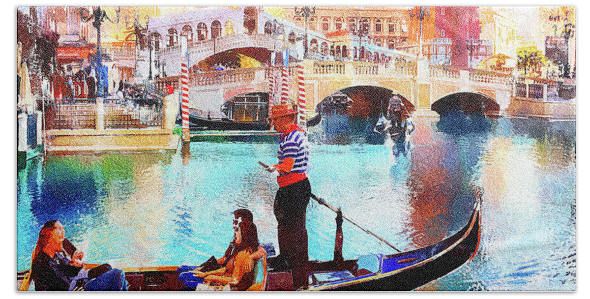 Venice Las Vegas Bath Towel featuring the mixed media Gondola rides at the Venetian Las Vegas by Tatiana Travelways