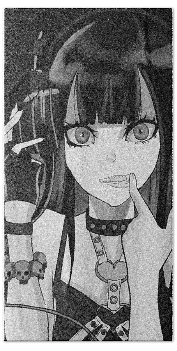 digital style painting, emo anime girl, black long m
