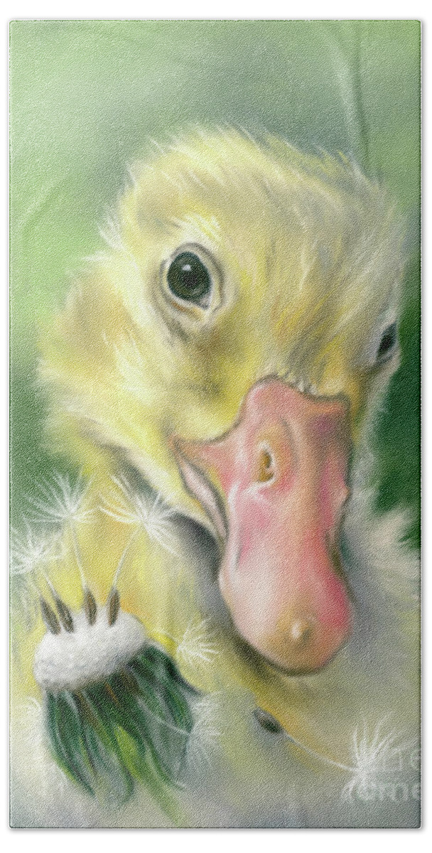 Bird Hand Towel featuring the painting Gosling Dandelion Wishes by MM Anderson